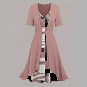 Women's Elegant 2P Set - V-Cardigan Jacket and Geometric Print Dress, Polyester 95% Elastic Fiber 5%, Four Seasons Knit Fabric Clasp-Back Pleated Midi