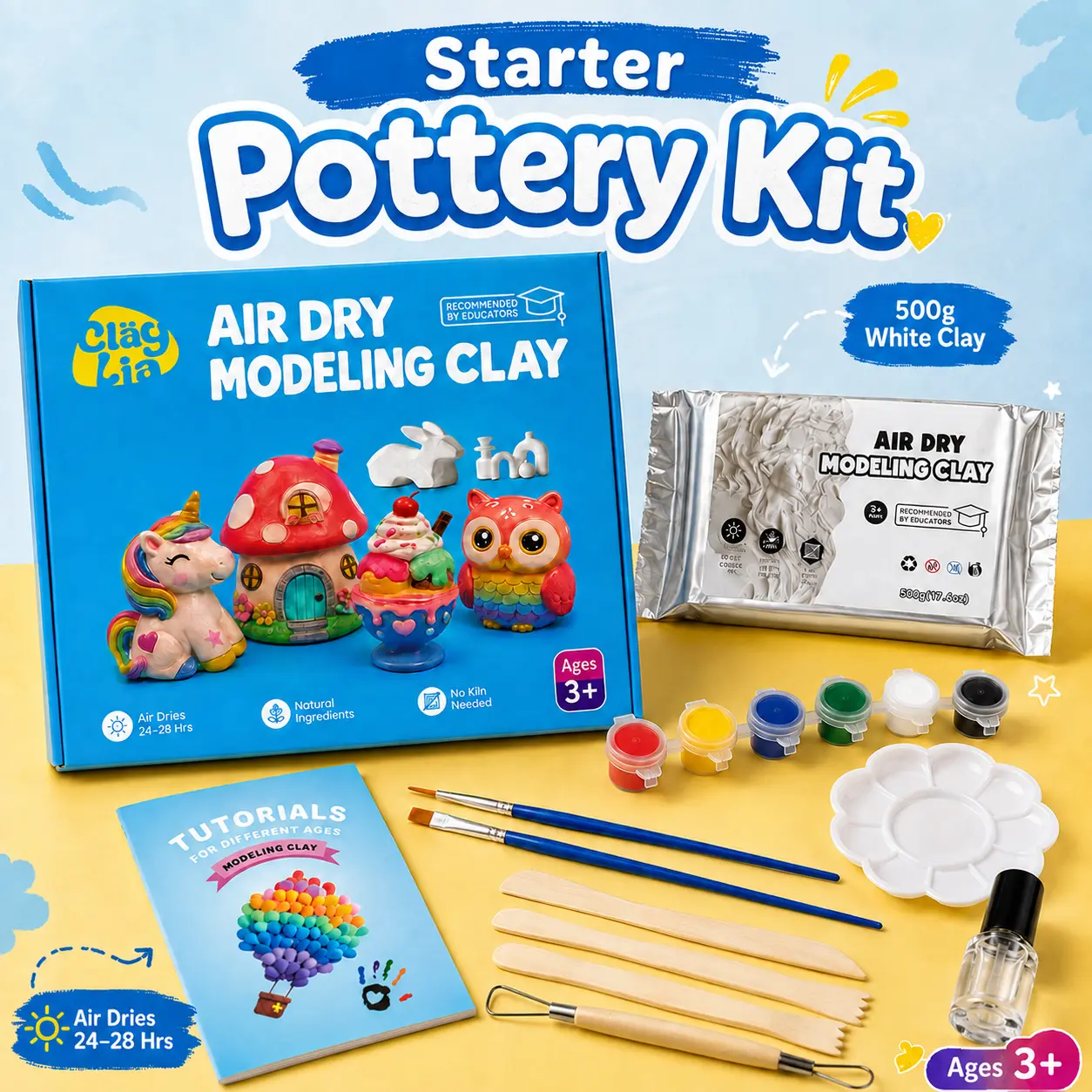 Air Dry Modeling Clay Kit, 500g White Clay with 5 Wooden Pottery Tools, 6 Paint Colors, 2 Brushes, Palette, Varnish and Beginner Guide