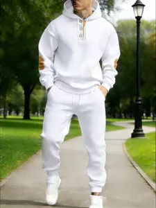 Men's two-piece textured hoodie tracksuit with a geometric pattern sweatshirt and contrasting elbow patches, casual street style, soft and comfortable 2026 fashion loungewear