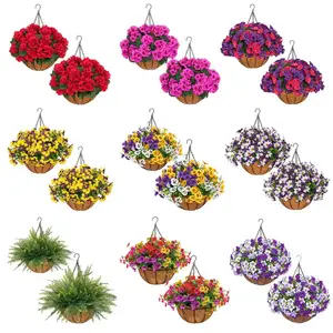 2Pcs Artificial Hanging Flower Baskets for Mother's Day, UV Resistant Daisies/Pansies/Morning Glories/Ferns Arrangement, No Maintenance Spring Summer Decor for Porch Patio Balcony Yard summervibes