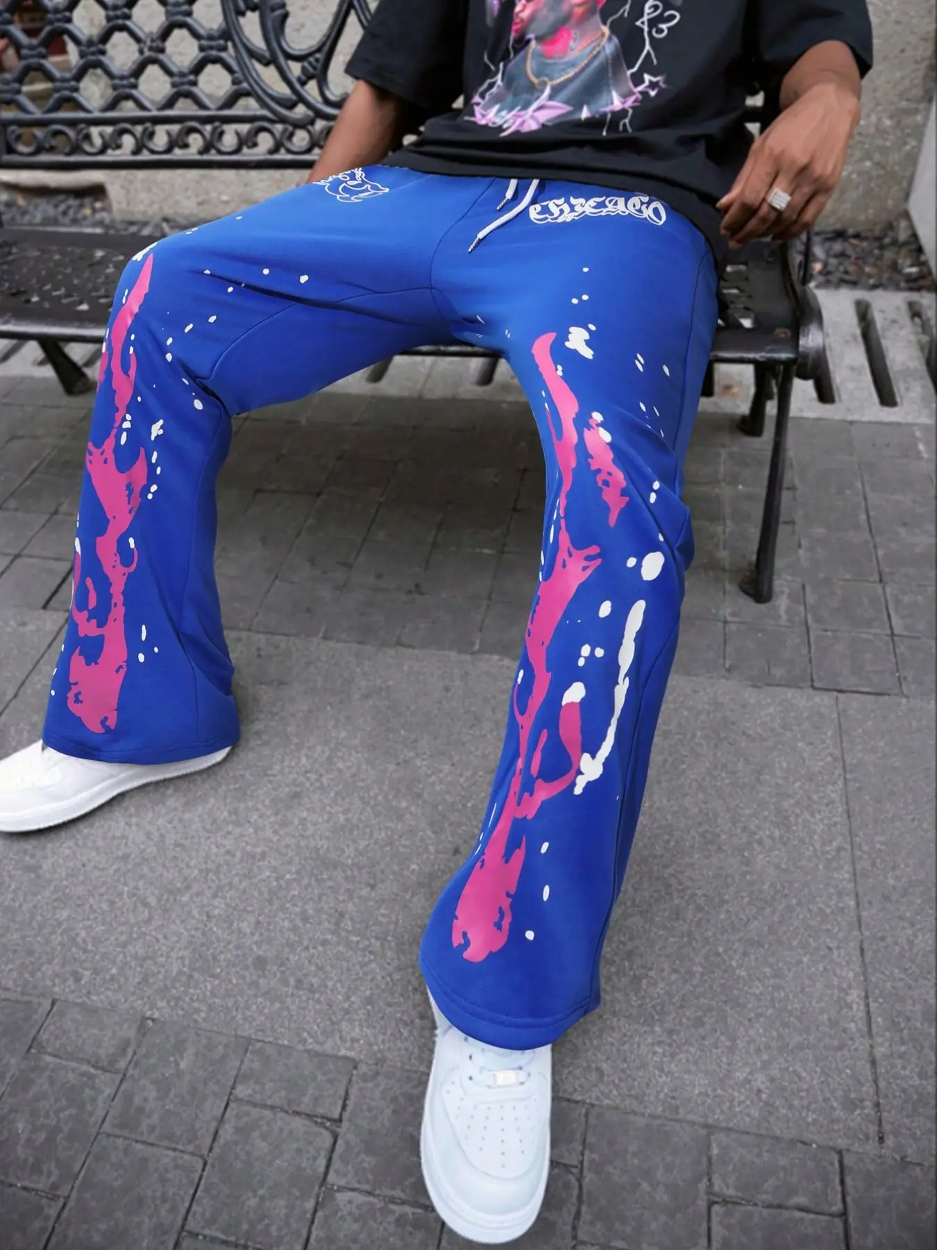 Splatter Flame Chicago Gothic Letter Print Micro Flare Sweatpants, Trendy Blue Block Splatter Print Casual Pants