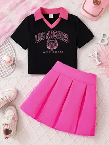 Girl's Letter Print Short Sleeve Top &   Skirt Two-piece Set, Outfit, Casual Round Neck T-shirt & Skirt for Daily Wear, Kids Summer Clothes Gift Set