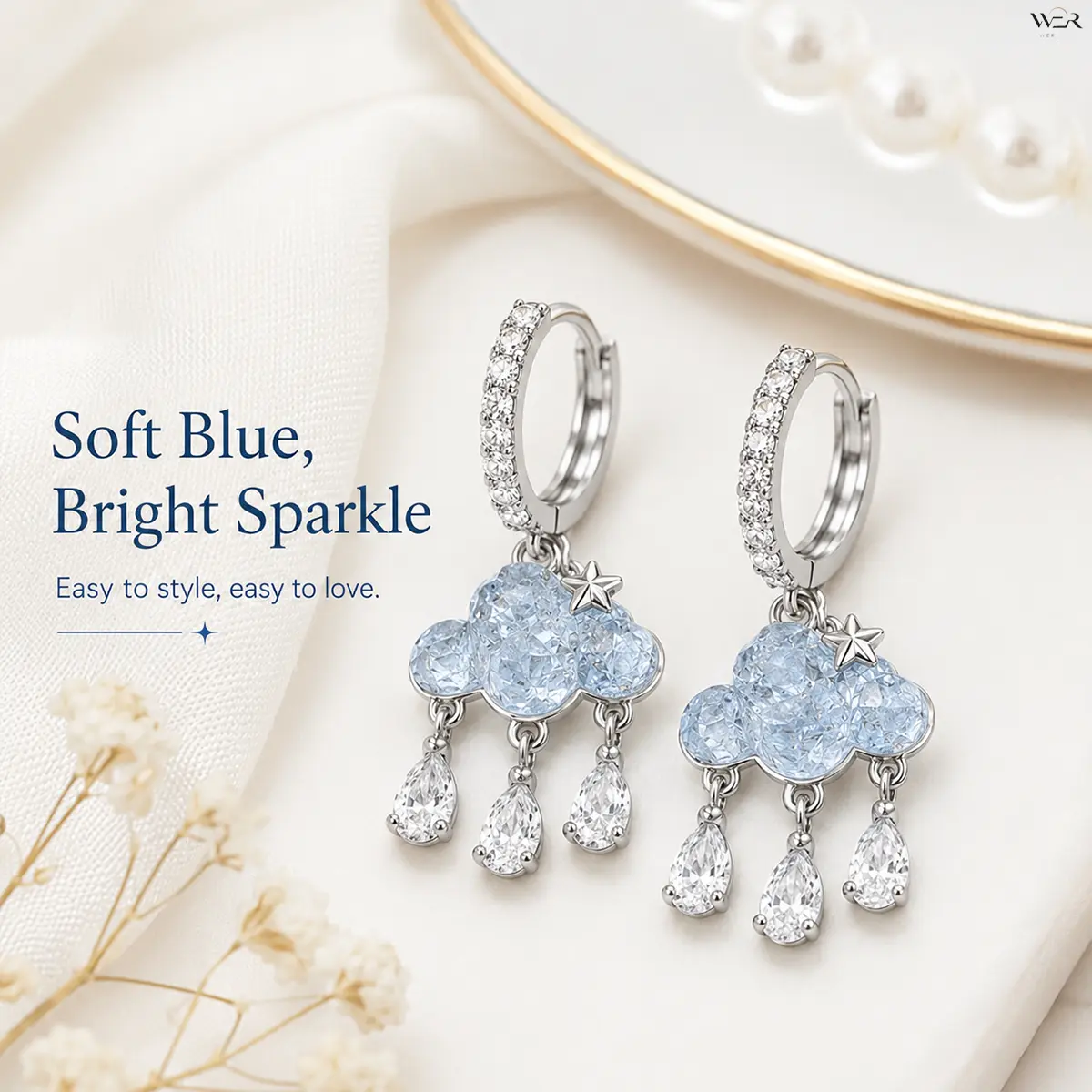 Women's Whimsical Silver Cloud Shape Dangle Crystal Drop Earrings - 1 Pair, 1.4cm Cloud & Raindrop Design, Sparkling Blue Crystals, Bling Aesthetic, 4cm Length, Elegant, Lightweight, Comfortable, Versatile Gift for Female Girl Daily Wear/Special Occasion,