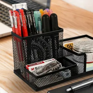 2-Pack 3-Compartment Metal Desktop Organizer Box, Multi Compartment Organizer, Work Organizer, Includes Pen Holder & Sticky Note Rack, Durable Office Supplies Storage, Desk Accessories