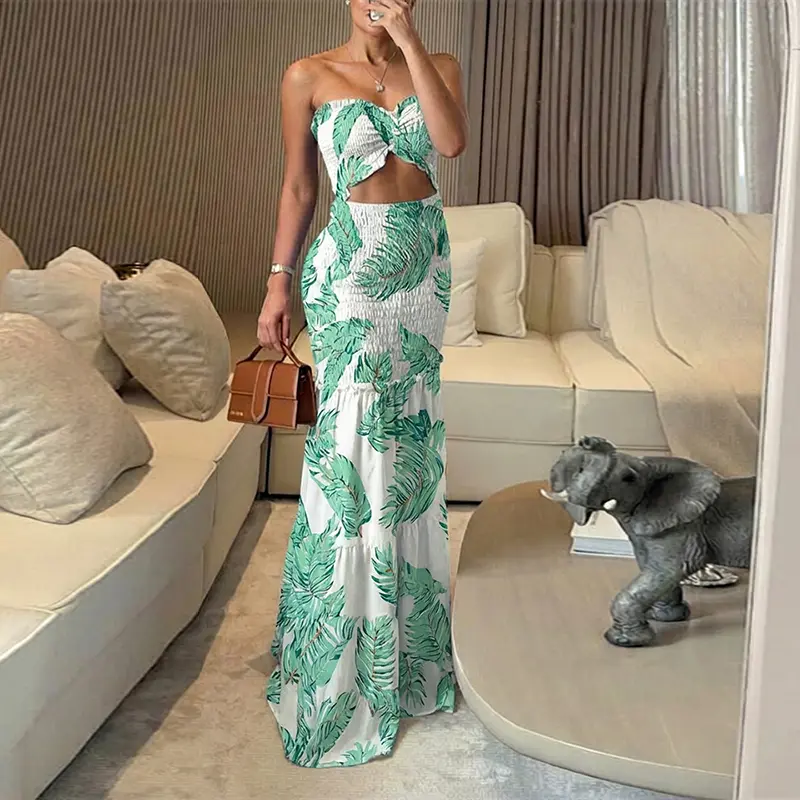 CHICME Women's Tropical Plant Print Shirred Ruffle Dress Tie Front Cutout Mermaid Hem Long Dress/Summer Dress/Seaside Vacation Sleeveless Skirt