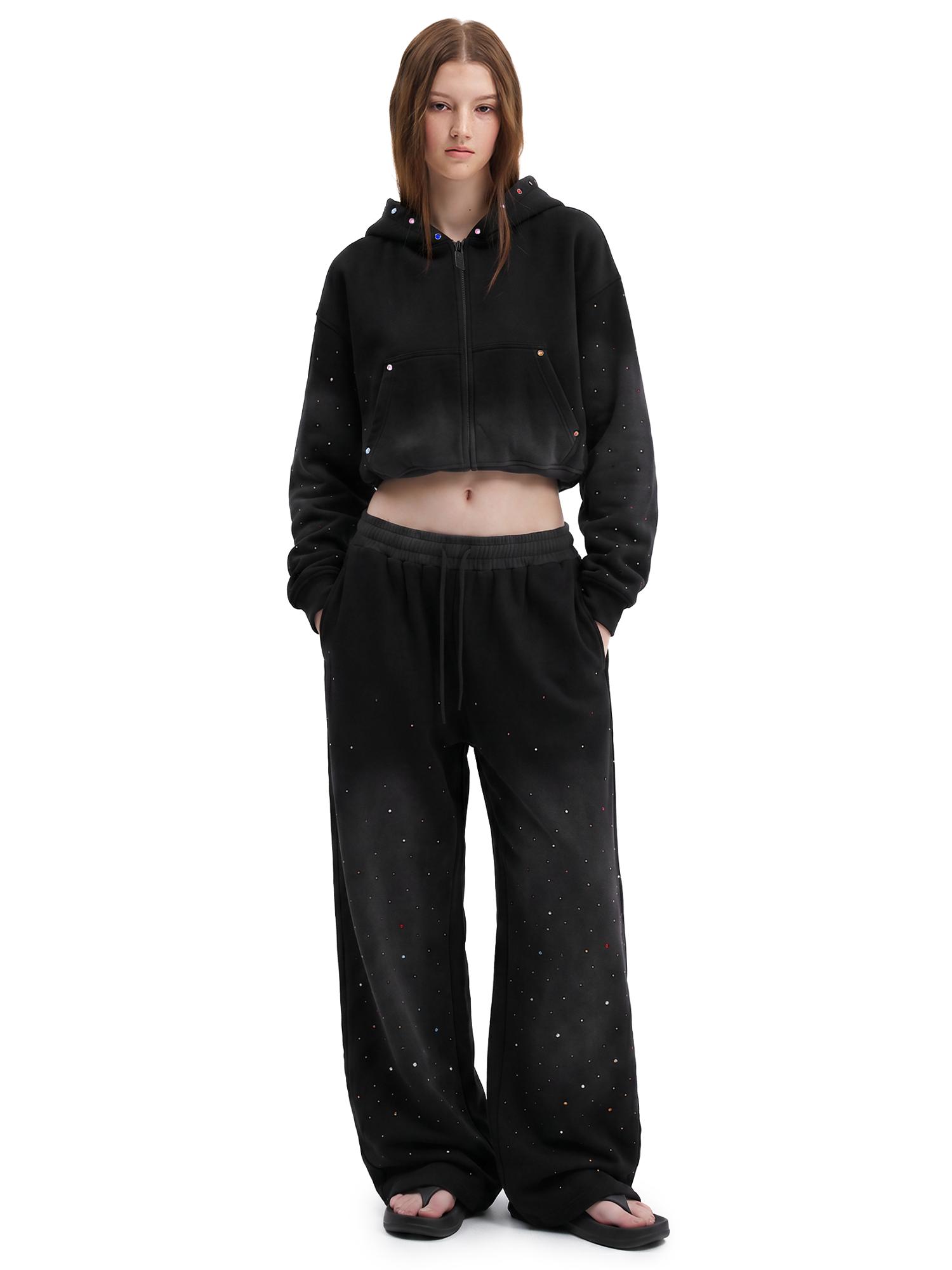 FDR Colorful Rhinestone Washed Zip-Up Hoodie & Sweatpants Set for Women Premium Soft Tracksuit | Oversized Casual Cropped Pullover Two-Piece Matching Top Wide Leg Baggy Pants