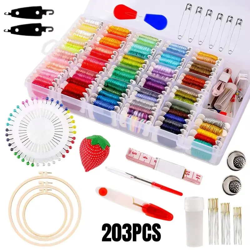 203pcs Rainbow Colored Embroidery Floss Sewing Thread Kit, Embroidery Thread with Storage Box, Include Cross Stitch Tools & 3 Embroidery Hoop, 100 Color Sewing Threads for Cross-Stitching And Embroidery, DIY Crafts, Ideal for Sewing Projects tiktokshopspr