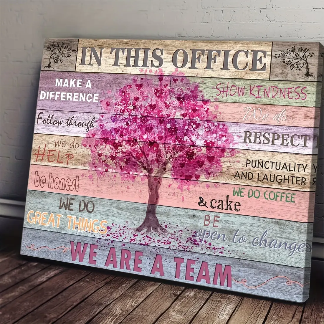 Inspirational Office Wall Art - Pink Heart Tree with Motivational Quotes, Modern Home and Workspace Decor, Pine Wood Framed Canvas, Ideal Gift for Women
