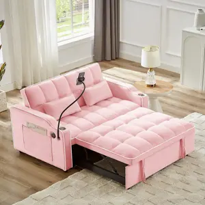 【Bellemave】1 versatile foldable sofa bed in 3 lengths, modern sofa sofa sofa velvet pull-out bed, adjustable back and with USB port and ashtray and swivel phone stand (pink)
