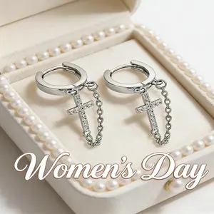 Neutral daily wear stainless steel diamond cross chain punk hip-hop jewelry, trendy chain design, niche style hoop earrings, birthday gift