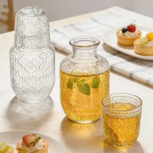 Glass Bedside Water Bottle Set, Elegant Embossed Glass Cup with Lid, Vintage Light Luxury 2-in-1 Design, Clear Reusable Heat Resistant BPA Free, for Bedroom Office Bathroom Travel, Modern Home Essential, Perfect Gift Idea