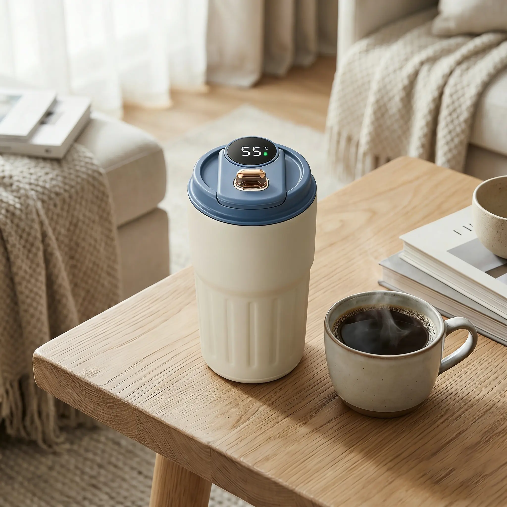 Insulated Vacuum Tumbler with Smart Temperature Display, Heat-Resistant Leak-Proof Sporty Portable Mug with Strap, Handy Coffee-Water Bottle for Adults’ Gym-Travel Use, Valentine’s Day Gift