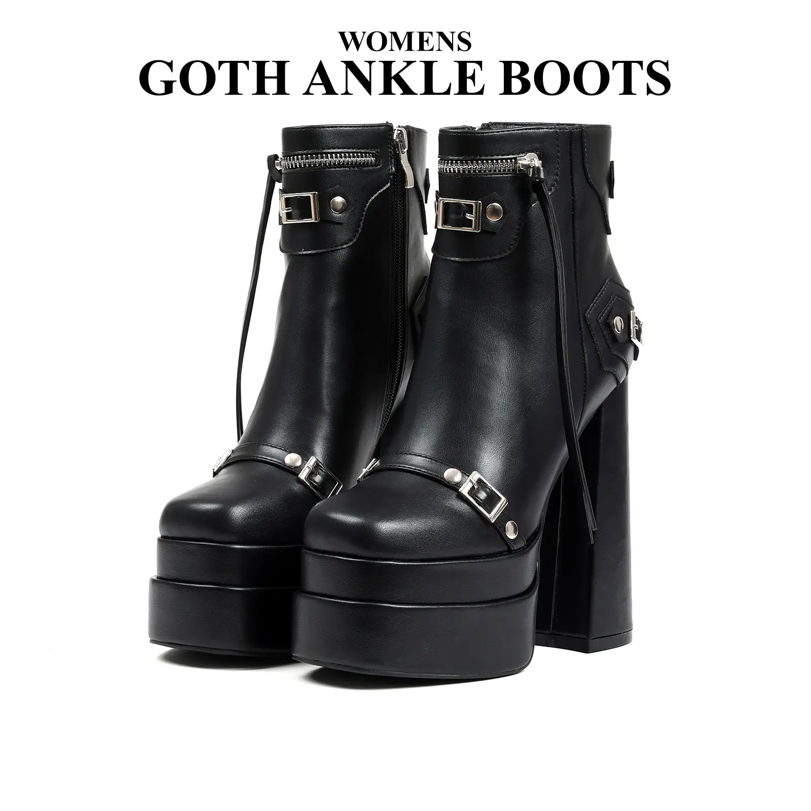 CYNLLIO Womens Ankle Boots Square Toe Chunky Block High Heels Double Platform Goth Punk Style Stud Pull On Fashionable Tassel Side Zipper Buckle Comfy Party Outing Casual Dress Holiday Summer Rock Goa Boot .