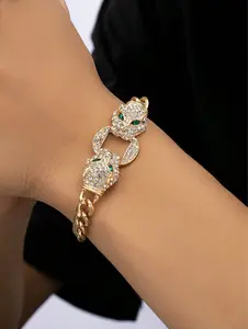 1pc Dual Headed Dripping Glue Leopard Charm Bracelet With Green Eyes