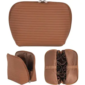 Travel Makeup Bag for Women,  Stand Up  Bag with Brush Holders, Organizer Bag with Compartments, Fold-Down Design for Skincare, Toiletries & Essentials (Brown, Medium)