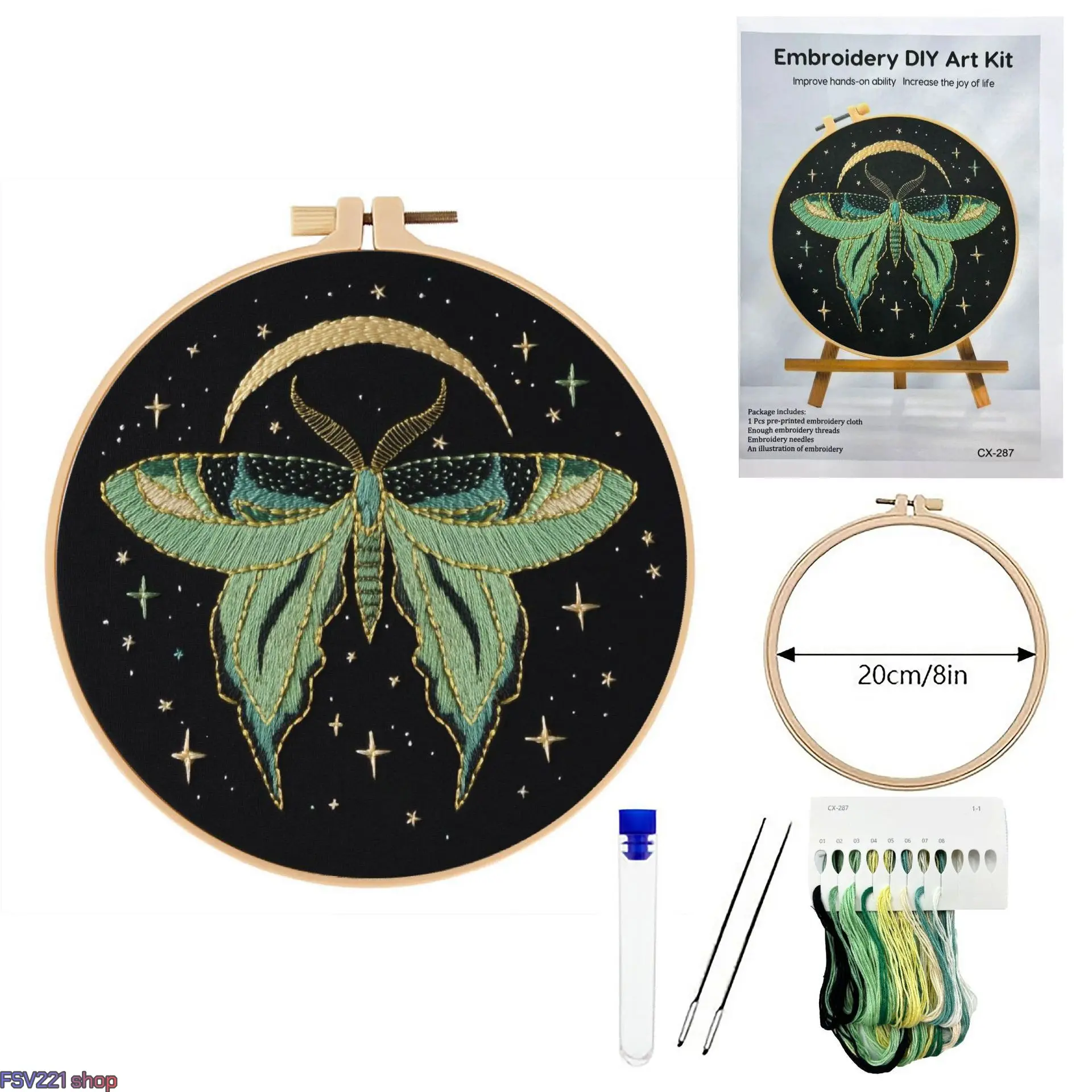 Beginner Celestial Cross Stitching Kit - Floral Moon & Moth DIY Set with Color-Coded Threads, 1 Embroidery Hoop, Complete Needlepoint Supplies for Unique Wall Hanging, Relaxing Craft Project, Moth/Moon