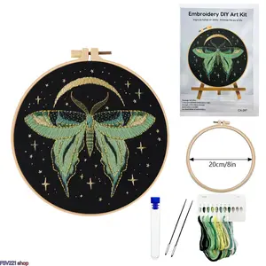 Moon & Moth Embroidery DIY Kit - Celestial Flower Wreath Needlepoint Set for Beginners, with Complete Cross-Stitch Supplies