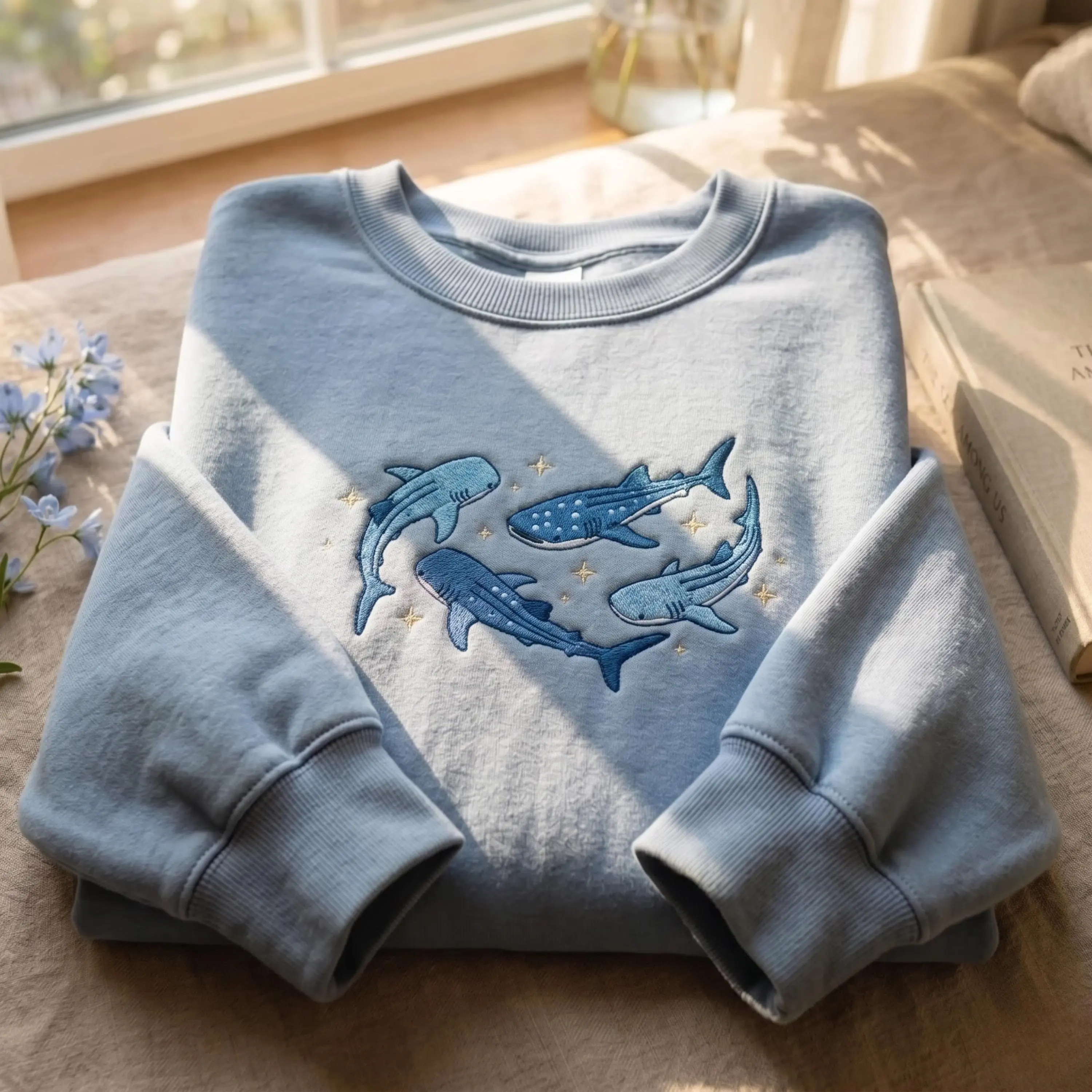 [Made in US] Embroidered Whale Shark Sweatshirt T Shirt Hoodie Cozy Crewneck, Ocean Lover Gift