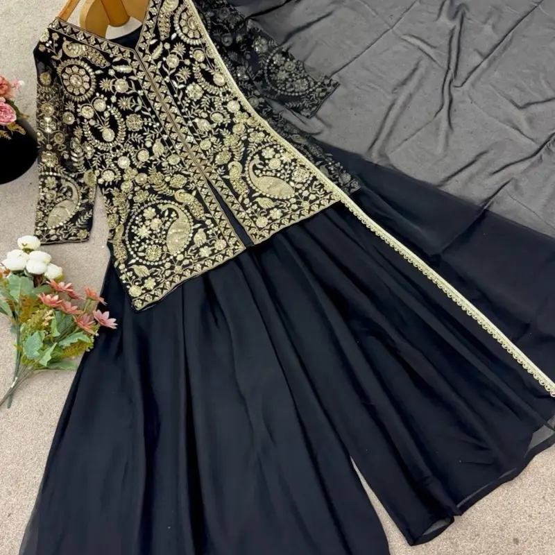 Georgette plazo in soft fabric with fully embroidery work tops big flare pant with kurta tops  perfect partywear for any occasion size chart bust M(38),L(40),xl(42),xxl(44) Embroidered Womenswear
