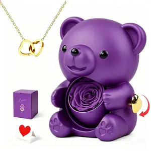 【With Necklace】Mother's Gift - Red Rose Bear, Double Heart Necklace,& Gift Box Set, Birthday & Anniversary Gift for Girlfriend Mom Daughter, Room Decor, Wife's Anniversary, Expressing Love & Eternal Roses