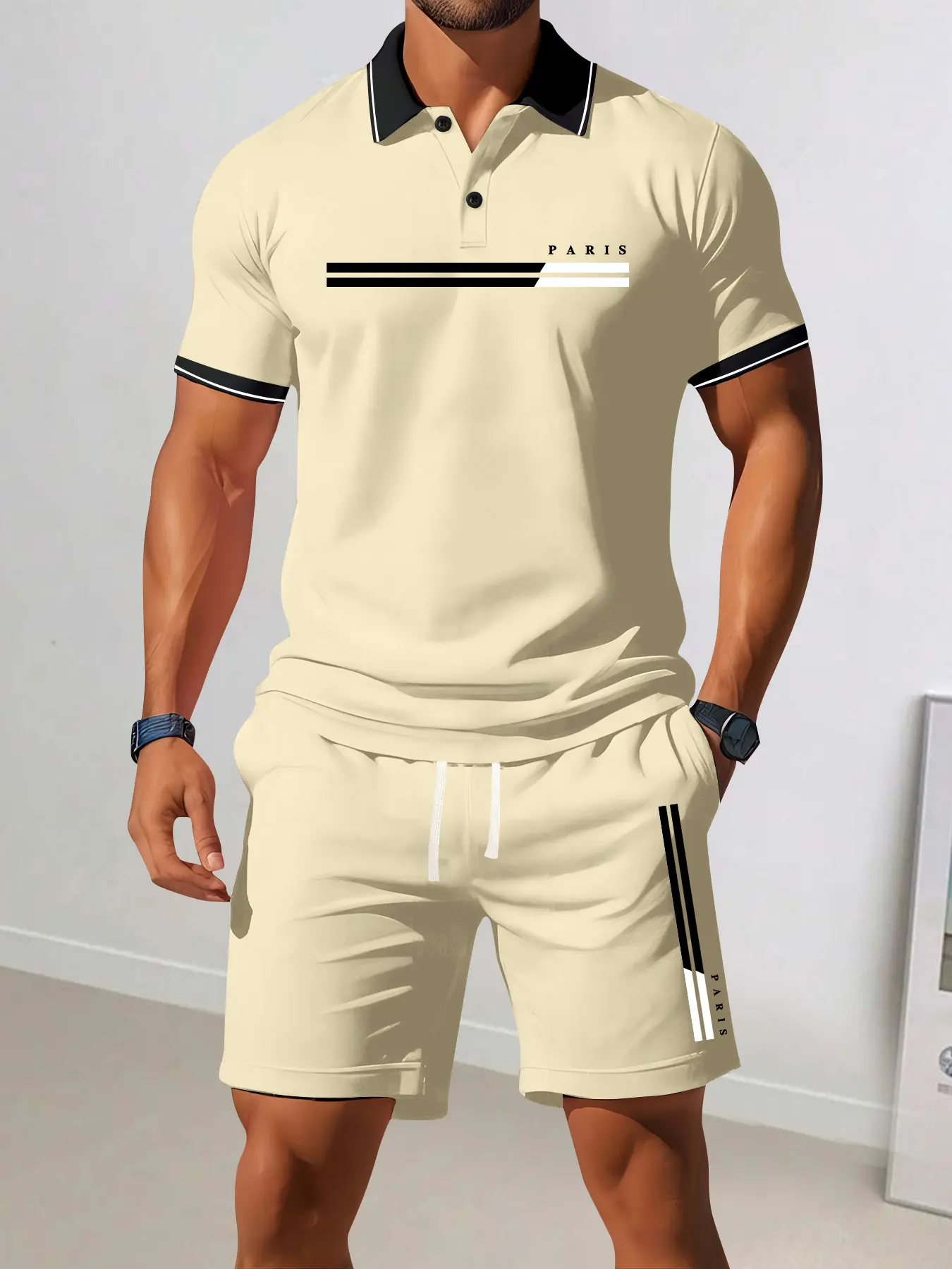 Men’s summer regular-fit cotton short-sleeve polo shirt and cotton shorts set featuring a Paris letter print. Fashionable casual menswear for going out, with pocketed athletic elastic-waist drawstring shorts. Two-piece set suitable for running, golf, fish