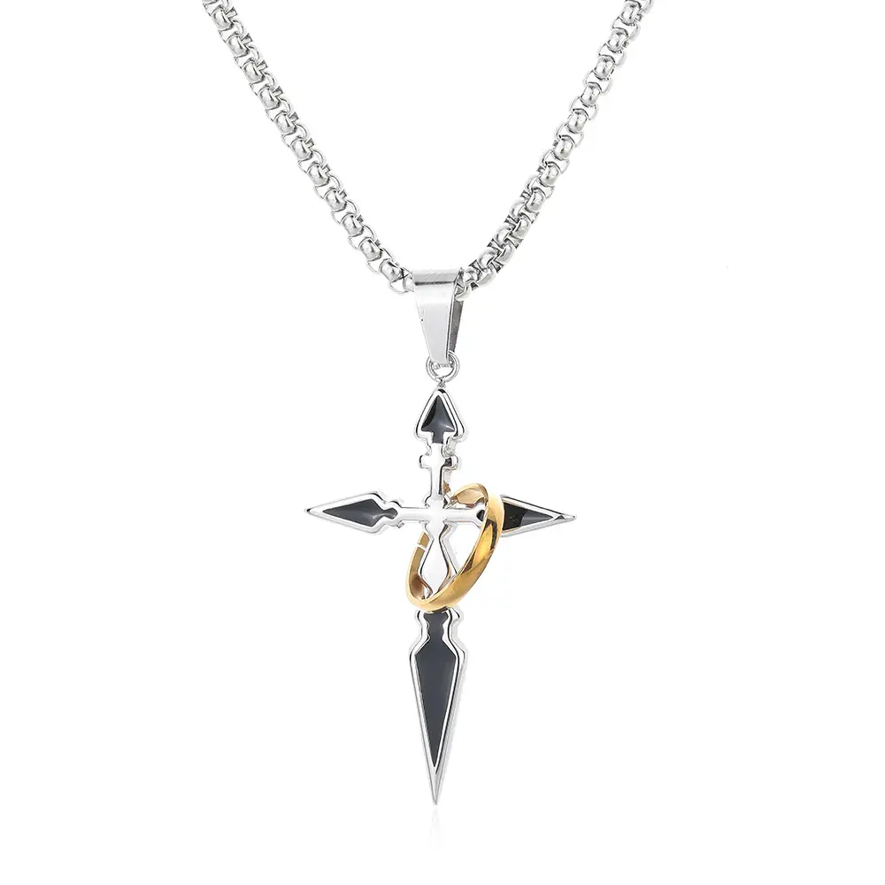 Unisex Titanium Steel Loop Cross Pendant Necklace - Non-Fade, Non-Tarnish, Simple Trendy Hip-Hop Chain Jewelry Necklaces for Casual Wear, Long Length Tops, Autumn Winter Sweater Chain, Birthday Gift