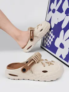 Women's Beige-Brown Color-Block Lace-Up Clogs: Two-Wear Design + Air Cushion Shock-Absorbing, Daily Outdoor Slides Footwear