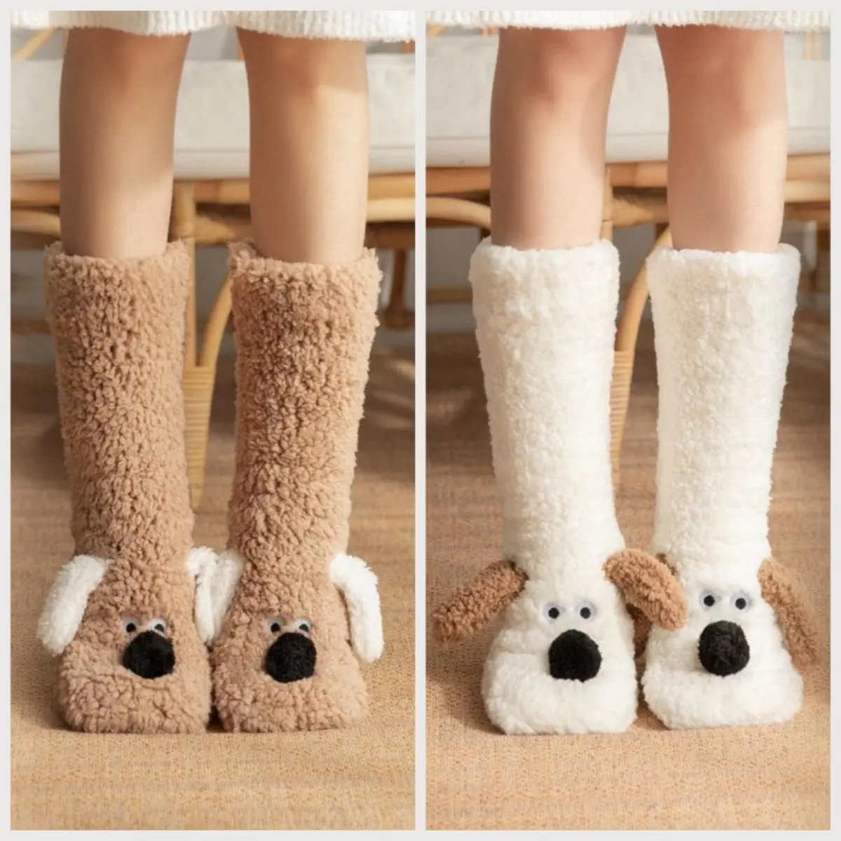 Women's Cute Cartoon Animal-Faced Mid-Calf Wrap Coral Fleece Socks - Soft, Warm, Stretchy, Breathable, Silicone Elastic Cuff, Fluffy Fabric, Fits All-Day Everyday Home Use, Slip Resistant, Love, Smooth, Cloudsoft Fleece, Grip Soles Add Safe Footing At Hom