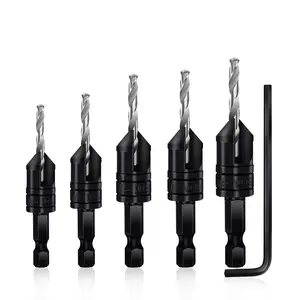 Countersink Drill Bit Set 5 count,3in1 Woodworking Counterbore Hole Drill Bits,Tapered Countersink Bit,Depth Adjustable M2  Drill Bits, 82- Chamfer, 1/4Hex Shank