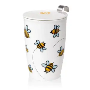 Bee Double-Wall Porcelain Mug and Tea Infuser Basket Drinkware with Lid