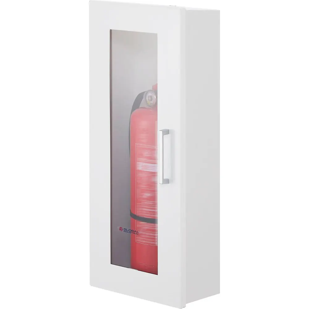 Global Industrial 670598 Office Steel Fire Extinguisher Cabinet - Surface Mount, 10 lbs Capacity, 24 in. Height, 6 in. Depth, Window-Equipped (Window View), Easy-to-Use Pull Handle, Office Fire Safety Storage Solution