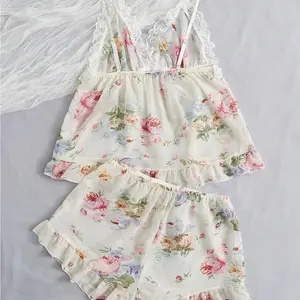 2 Piece Floral Print Lace Spaghetti Strap Cami Top and Shorts Chiffon Pajama Set Sleepwear