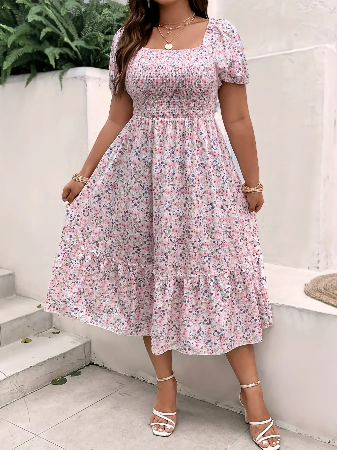 Women's Fashion Plus Size Boho Fashion Casual Wear Shirred Ruched Print Dress, Ruched Dresses, Casual Boho Style Elegant Loose-Fitting Midi Dress, Short Sleeve Woven Fabric, All Seasons, Spring, Summer, Womenswear