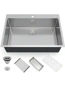 16 Gauge Stainless Steel Undermount Single Bowl Kitchen Sink, 30/33 Inch Workstation Sink with Integrated Ledge, Rustproof Deep Basin, Round Corners, 5-Piece Accessories Kit Includes Parts for Kitchen Counter Installation