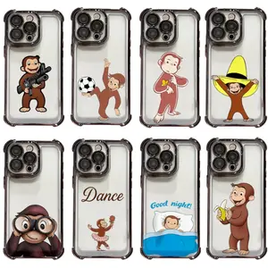 cute cartoon Monkey C-Curious G-George Machine Gun Durable phone case For iPhone 17/16/15/14/13/12/11/Pro/ProMax/Plus/17Air/Xsmax, Four-corner airbag electroplated anti-drop soft Case, Shockproof Cover, luxury fashion, Daily Use, Special Gift for Birthday