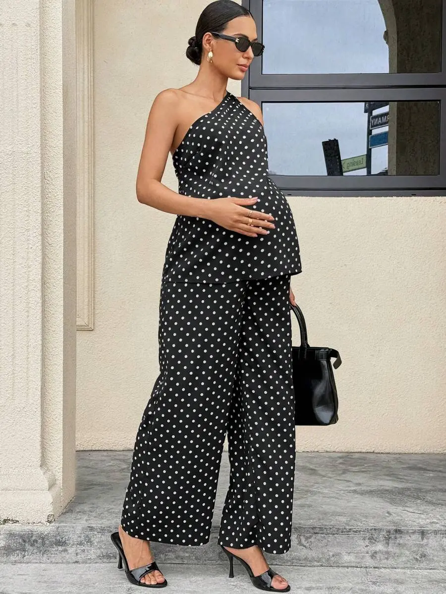 DANLIEN Black White Maternity Polka Dot Asymmetrical Shoulder Sleeveless 2 Piece Set Elegant Business Casual Summer