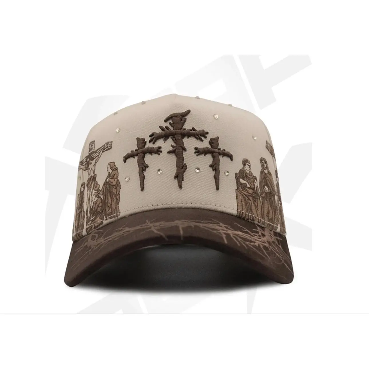 XCAP.  VIACRUCIS Beige Black Baseball Cap with Cross Design and Rhinestones