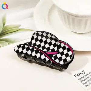 Checkered Cowboy Hat Western Claw Clip