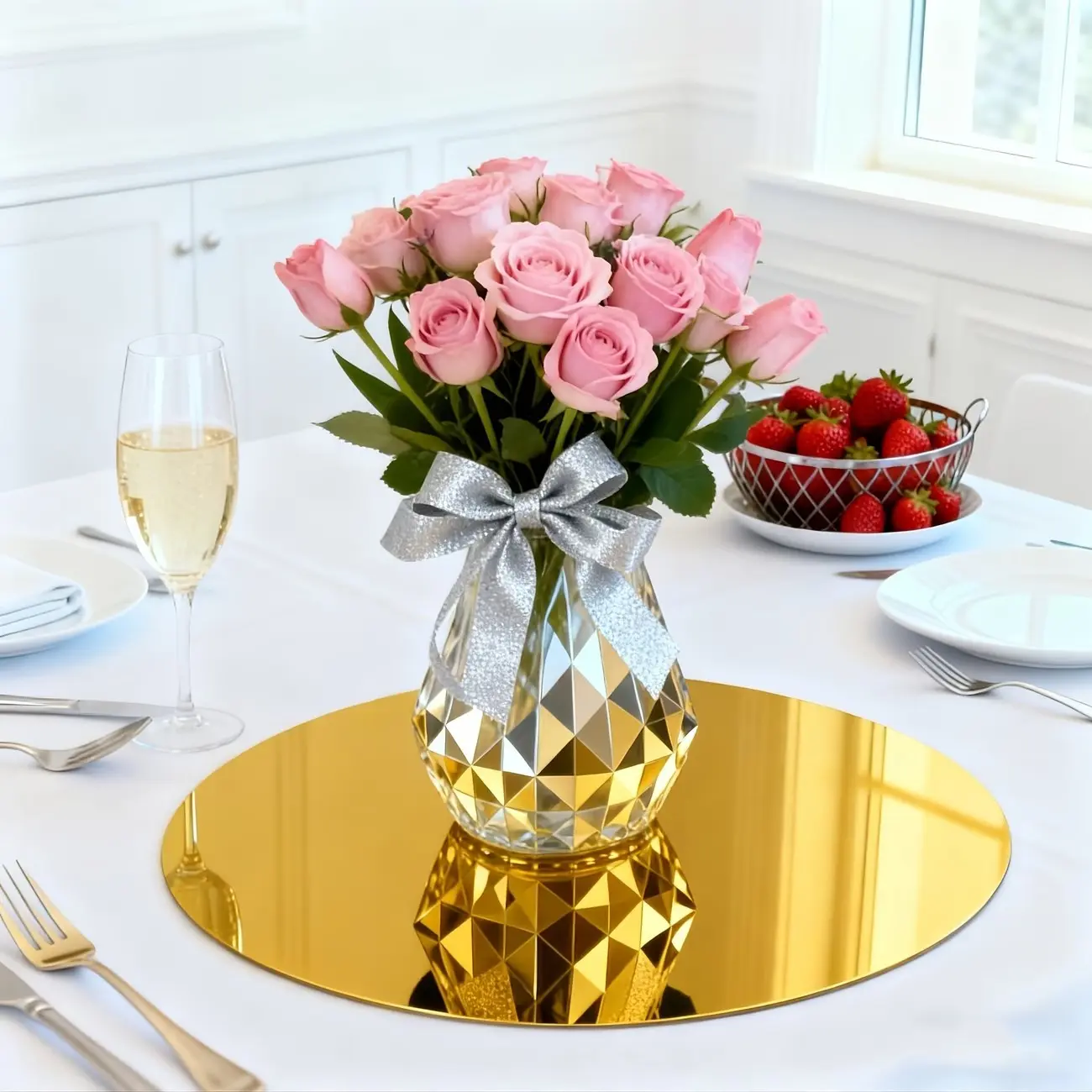 8-piece set, 30cm circular acrylic mirror tray, wedding desktop decoration, birthday party candle placement tray, non fragile and detachable, suitable for home decoration and party decoration, Reflective, Decorative Centerpiece, Centerpieces