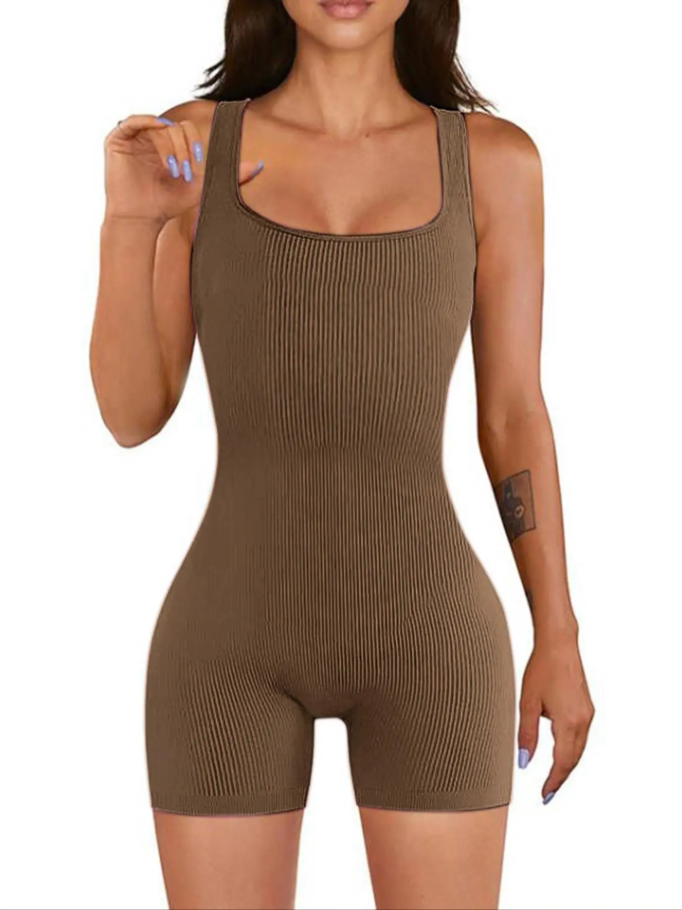 Women's Solid Color Ribbed Square Neck Tank Shapewear Knit Romper, Built in shaper, Casual Comfy Thigh Slimmer Seamless Sleeveless Shaper Bodysuit for Daily Wear, Ladies Shapewear for All Seasons, Tummy Tuck Garment, Body Shaping Underwear