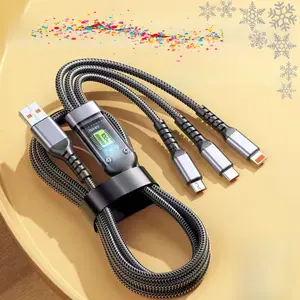 100W Multi Charging Cable 3 in 1 Multi USB Charger Fast Charging Cable Transparent With LED Indicator Nylon Braided Multiple Charger Adapter Cord With Type C Micro USB Port For Cell Phones Tablets