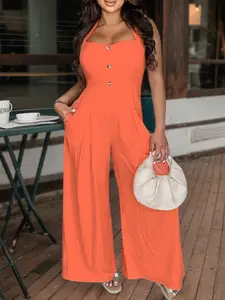 Women's Loose Woven Fabric Jumpsuit Orange Bandeau Sleeveless Fitted Minimalist Basic Overalls Womenswear