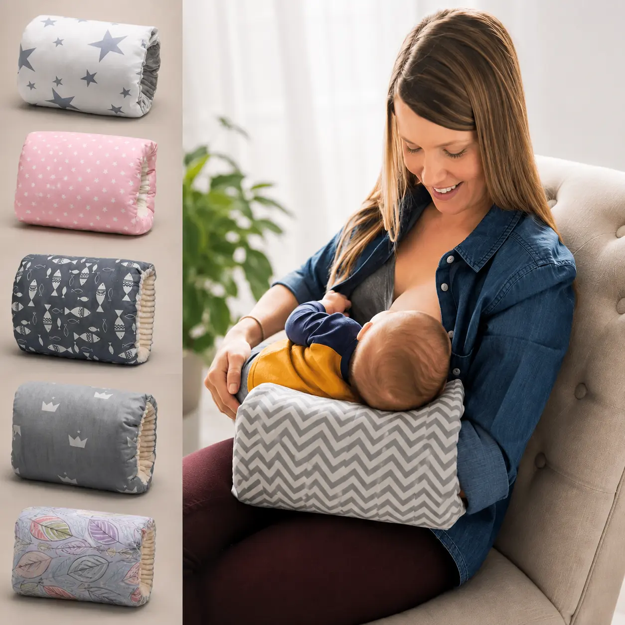 Adjustable Baby Nursing Arm Pillow – Soft Cotton Breastfeeding Support Cushion, Washable Infant Feeding Arm Pad