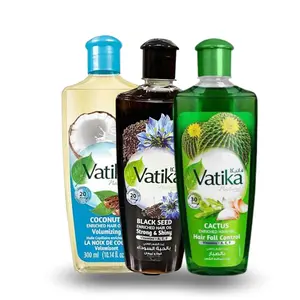 Tripack Dabur Vatika - Vatika Cactus Enriched Hair Oil 300ml - Vatika Coconut Enriched Hair Oil 300ml Nourishing Indian Oil for Women & Men -Vatika Black Seed Enriched Hair Oil 300ml Natural