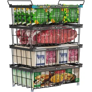 Freezer Organizer Bins - Fit 10 to 20 Cu.FT Deep Freezer, 4 Pack Large Expandable Stackable Chest Freezer Organizer Bins Sort Frozen  and Easily Get without Digging in the Freezer, Black