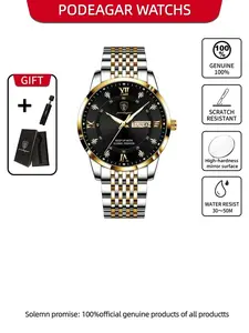 POEDAGAR Fashion and Leisure Men's Watch, Stainless Steel Week Date Waterproof Night Light Men's Watch, Luxury Business Quartz Men's Watch, Perfect Gift.