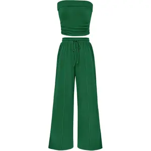 Womens Summer Outfits 2 Piece Sets Casual Ribbed Knit Crop Tube Top Wide Leg Pants Spring Matching Lounge Set