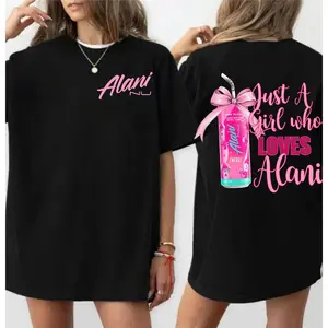 Alani Nu Pink Slush Coquette Shirt - Just A Girl Who Loves Alani Tee - Trendy Pink Bow Energy Drink Graphic T-Shirt - Cute Aesthetic Summer Top - Coquette Aesthetic Clothing for Her