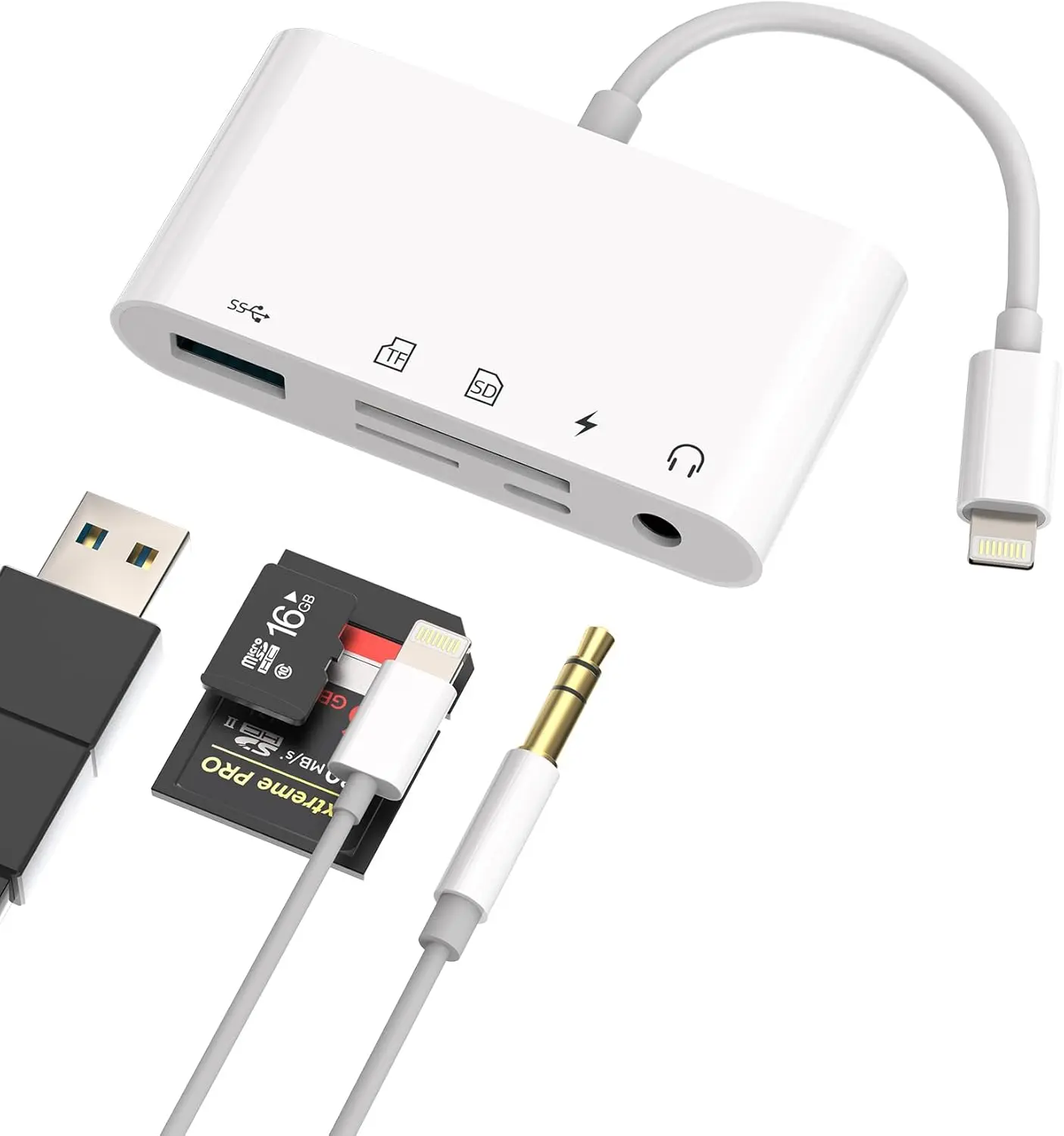 Lightning 3.5mm USB SD  SD Card Reader for (5 in 1)Audio Jack Headphone Adapter Charger OTG AUX Camera Memory TF Dongle Hub 14 13 12 11 Pro Max X 7 8 Plus Earbud Flash Drive Splitter