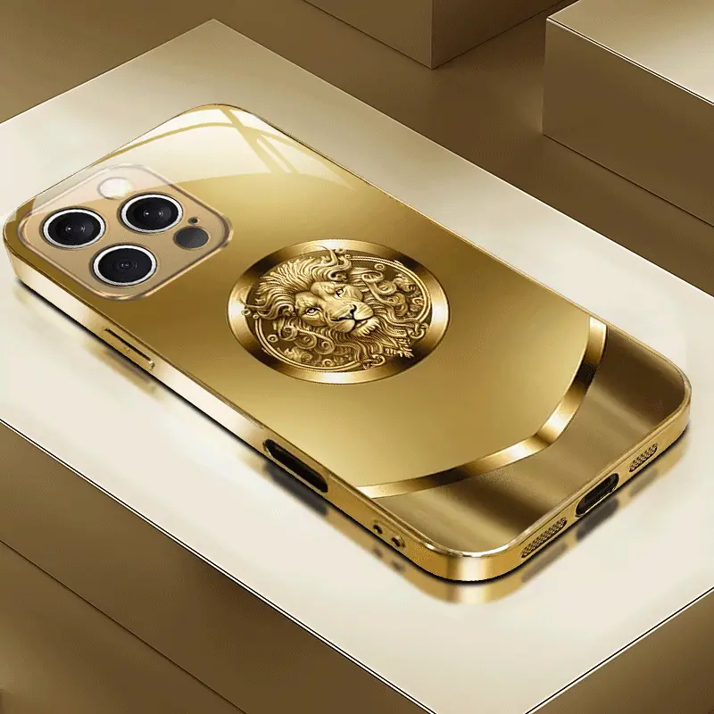 Electroplated Gold Glass Smartphone Case with Golden Lion Emblem Pattern - Light Luxury High-End Handheld Cellphone Protective Cover, Premium Devices Accessory for iPhone 11/12/13/14/15/16/16ProMax/17/17Air/17ProMax/XSMax/SE4